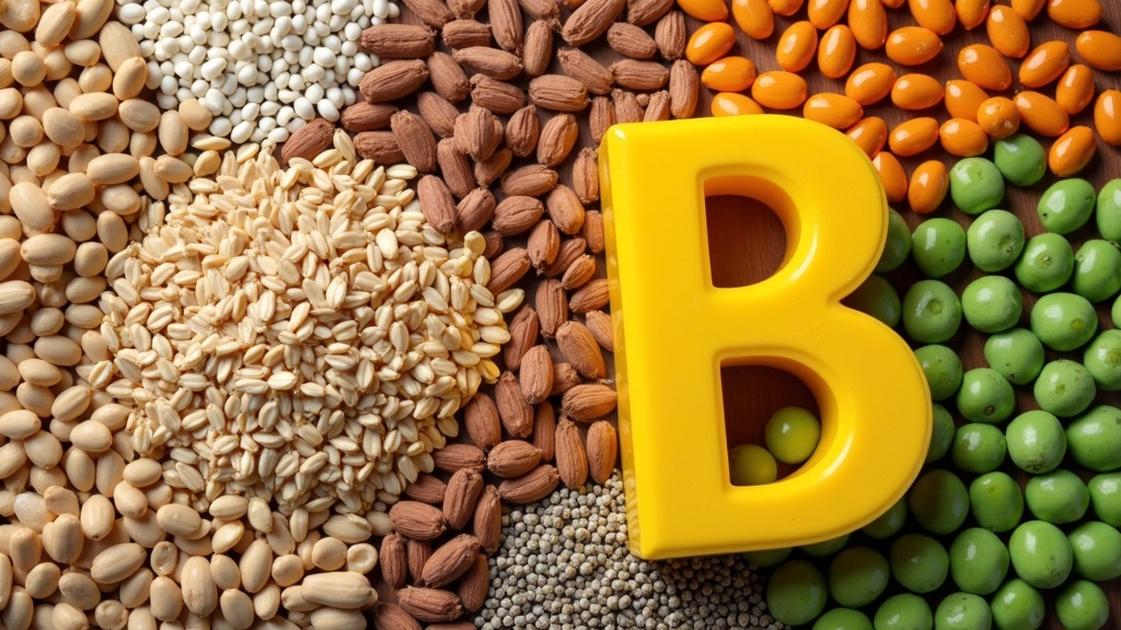 A collection of vitamin B1 rich foods like whole grains, sunflower seeds, and peas arranged on a table