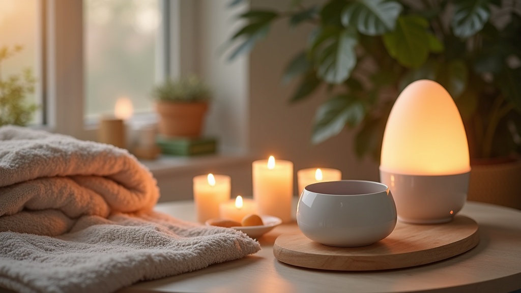 A cozy setting with various stress relief products like candles, a weighted blanket, and essential oils on a soft table.