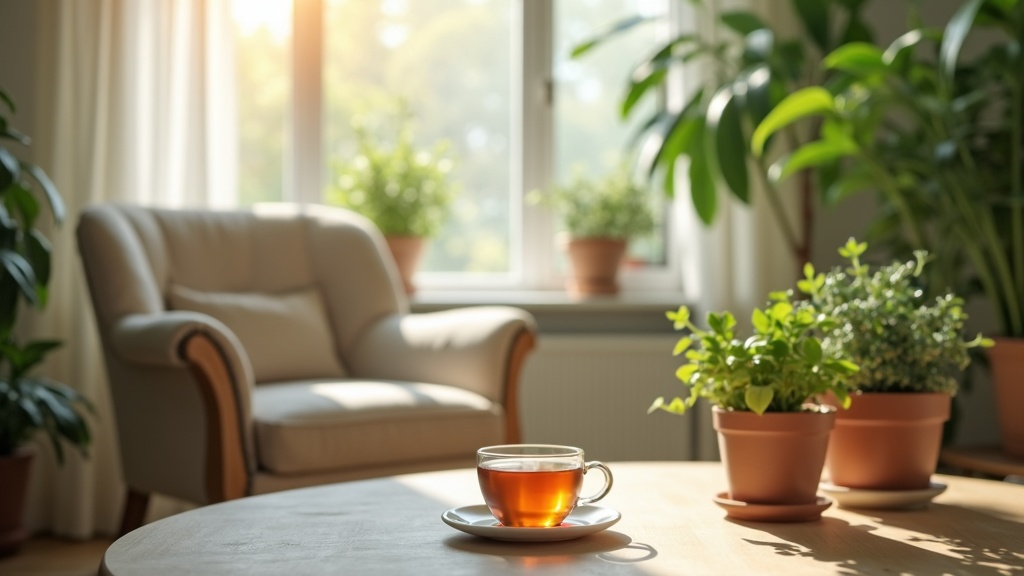 A cozy and peaceful home setting featuring soft natural light, green houseplants, a comfy chair, and a cup of herbal tea on a table. The space feels calm and relaxing.