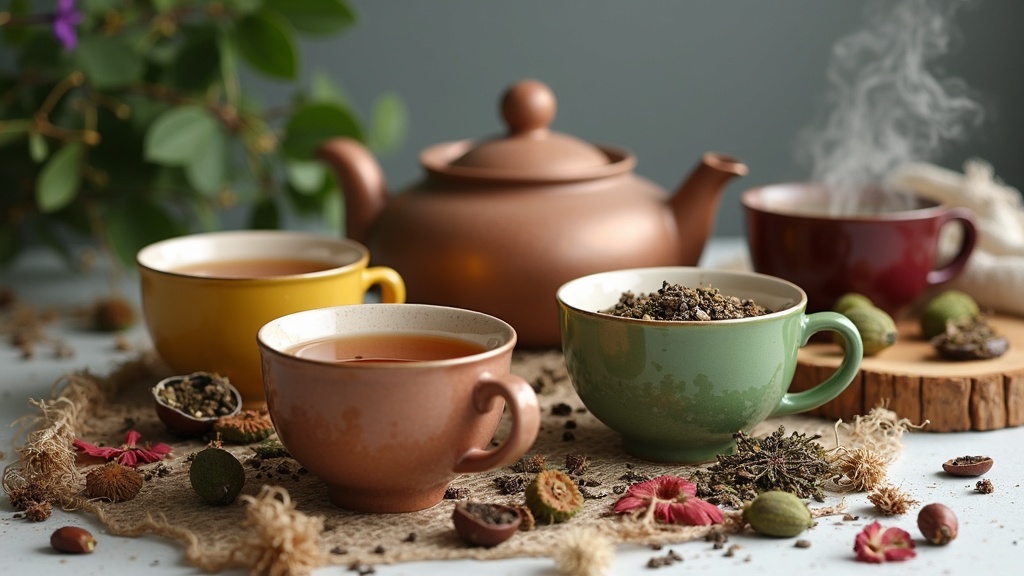 assortment-of-herbal-teas-in-ceramic-mugs-on-a-wooden-table-surrounded-by-loose-tea-leaves-flowers-and-herbs