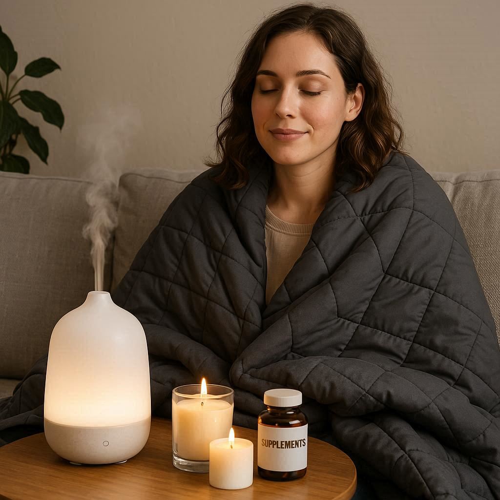Relaxing Woman With Stress Relief Products around