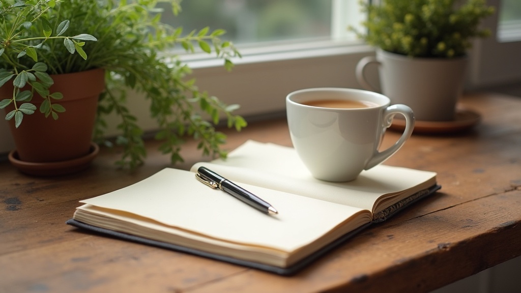 journal and pen on a wooden table with coffee and plants nearby