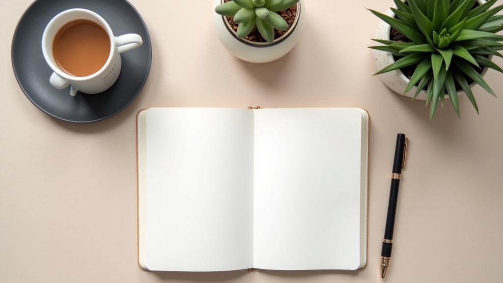 open journal, pen, and calming plants