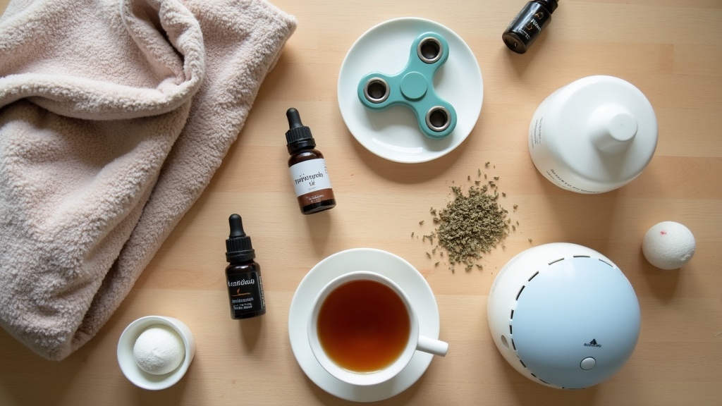 aromatherapy products and stress relief gadgets laid out on a table