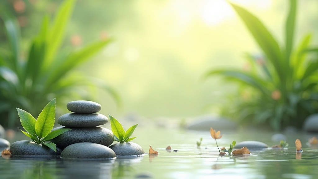 A calming scene with soft daylight, peaceful nature, plants, stones, or a simple zen-inspired setting.